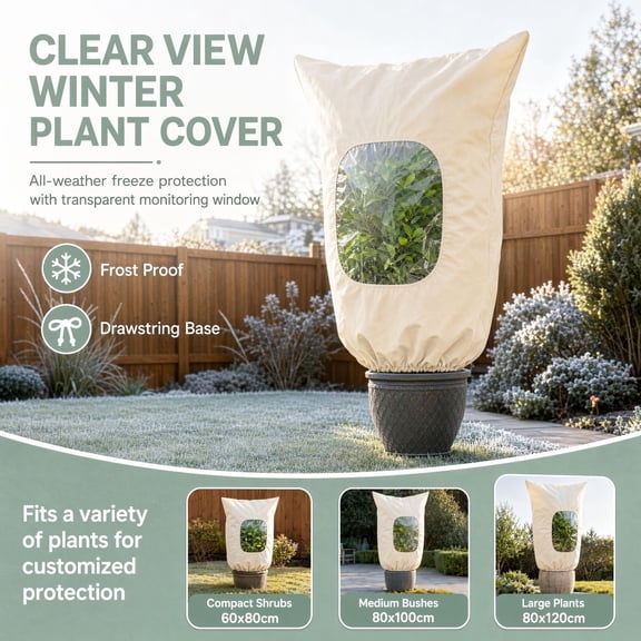 Lenkho Plant Freeze Protection Cover with Clear Window, Reusable Cold Weather Plant Cover with Drawstring, Windproof Anti-Frost Cloth for Outdoor Shrubs, Garden Vegetables Winter Protection