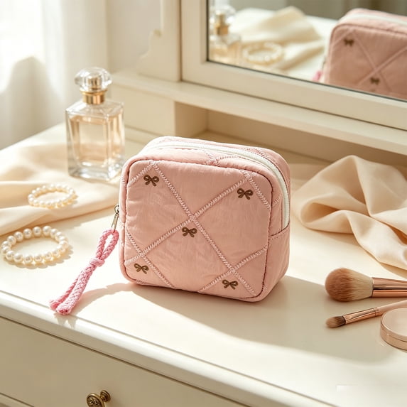 Lenkho Quilted Mini Makeup Pouch, Cute Embroidered Bow Cosmetic Bag, Portable Zipper Travel Storage Purse for Lipstick, Earbuds, Jewelry, Small Toiletries Organizer for Women