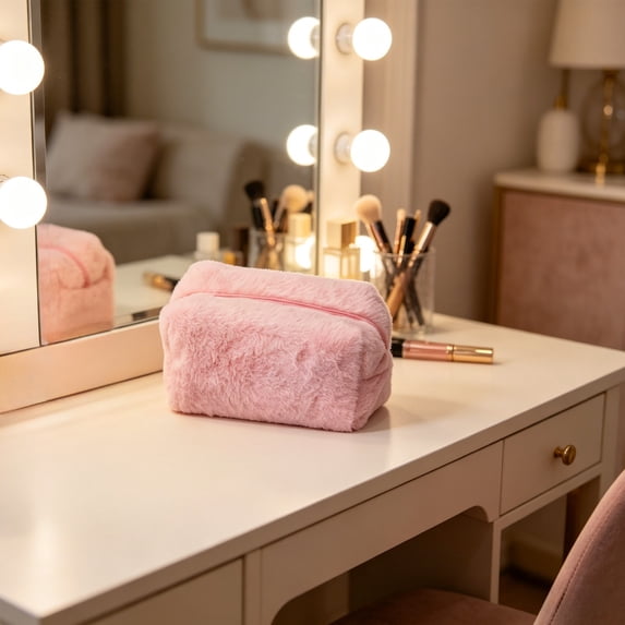 Lenkho Soft Plush Fuzzy Makeup Bag with Zipper, Portable Fluffy Cosmetic Pouch, Cute Travel Toiletry Bag for Women, Storage Organizer for Makeup Brushes, Lipsticks & Skincare Essentials
