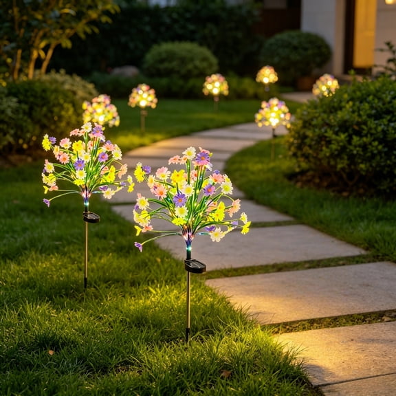 Lenkho Solar Flower Stake Lights, Multi-Color LED Daisy Garden Lights, Waterproof Solar-Powered Floral Decorative Lights for Yard, Pathway and Lawn
