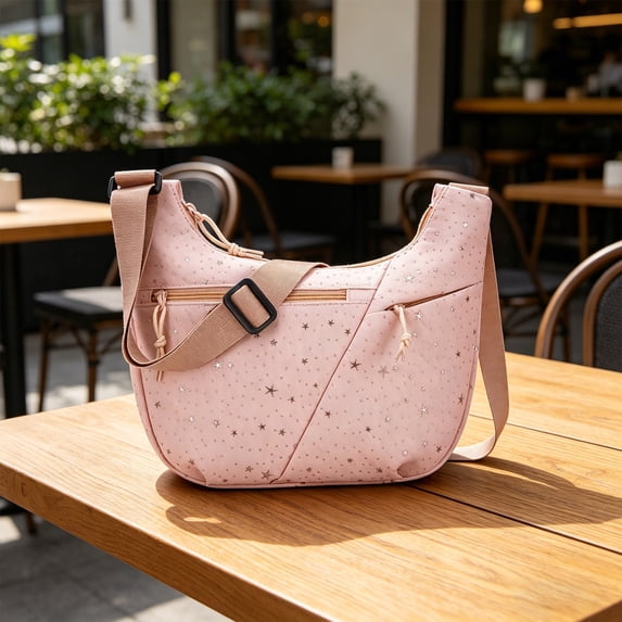 Lenkho Star‑Patterned Crescent Crossbody Shoulder Bag for Women, Lightweight Casual Hobo Sling Purse with Adjustable Strap, Multi‑Pocket Daily Handbag for Shopping, Travel & Daily Use