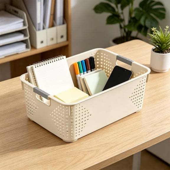 Lenkho Storage Bins With Handle 5 Sizes Stackable Organizer Bins White Storage Containers For Kitchen Pantry Bathroom Cabinet Drawer Wardrobe Organization