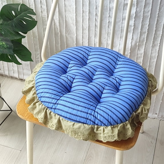 Lenkho Striped Tufted Round Seat Cushion with Ruffle Edge, Soft Padded Decorative Chair Pad, Comfort Thick Floor Sitting Cushion for Dining Chair, Kitchen Seat, Living Room, Bedroom Balcony