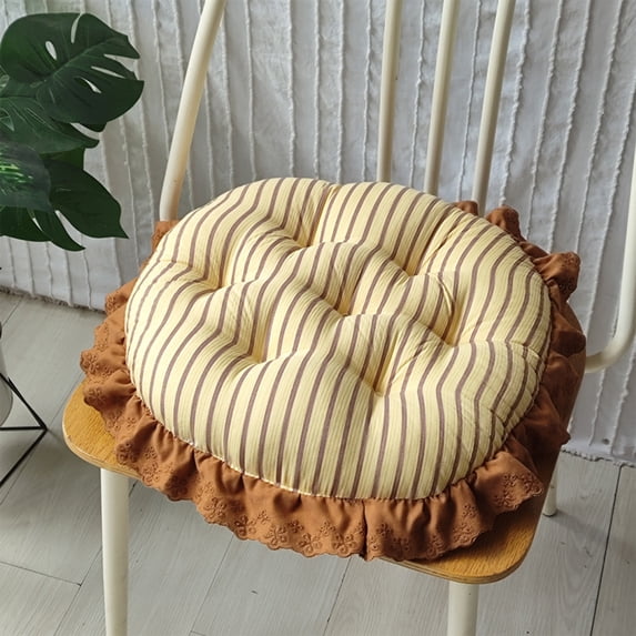 Lenkho Striped Tufted Round Seat Cushion with Ruffle Edge, Soft Padded Decorative Chair Pad, Comfort Thick Floor Sitting Cushion for Dining Chair, Kitchen Seat, Living Room, Bedroom Balcony