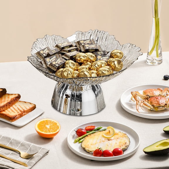 Lenkho Textured Clear Plastic Fruit Bowl with Golden Pedestal Base, Wavy Ruffled Rim Decorative Serving Platter, Elevated Snack Candy Nut Tray for Living Room Coffee Table Home Party Decor