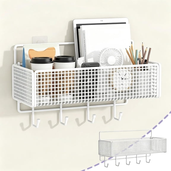 Lenkho Wall‑Mounted Metal Wire Storage Basket with Hooks, No Drill Floating Shelf Organizer, Rustproof Hanging Rack for Bathroom, Bedroom, Office and Kitchen