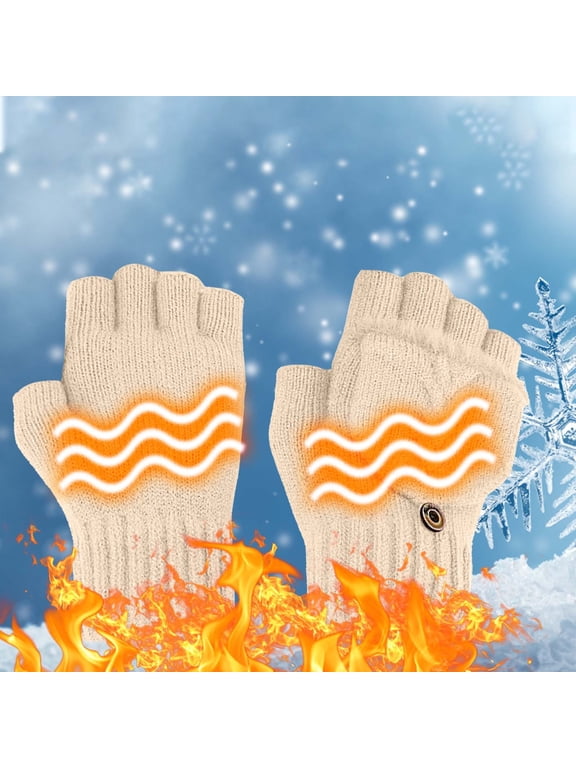 Winter USB Heated Flip Half Finger Knitted Gloves, Double-sided Heating Velvet Lined Convertible Fingerless Mittens, Warm Yarn Knit Exposed Finger Gloves for Daily Cold Weather Wear