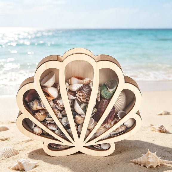 Lenkho Wooden Seashell Storage Box Summer Beach Decoration Box Seashell Display Box Desktop Storage Wooden Box Ornament