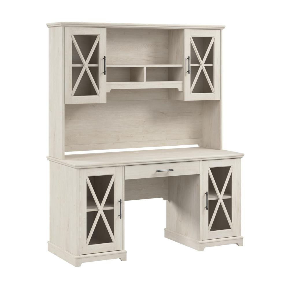Linen White Oak Wood Desk with Hutch and Keyboard Tray