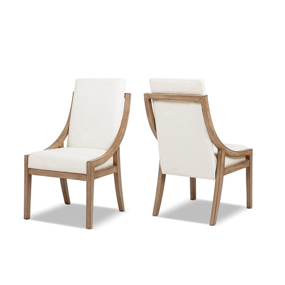 Lennox High-Back Upholstered Reclaimed Pine Wood Dining Chair Set of 2, Soft Flax Light Beige Chenille