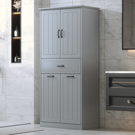 Lennox Modern 30" Tall Bathroom Storage Cabinet with Adjustable Shelves, Laundry Baskets, Grey