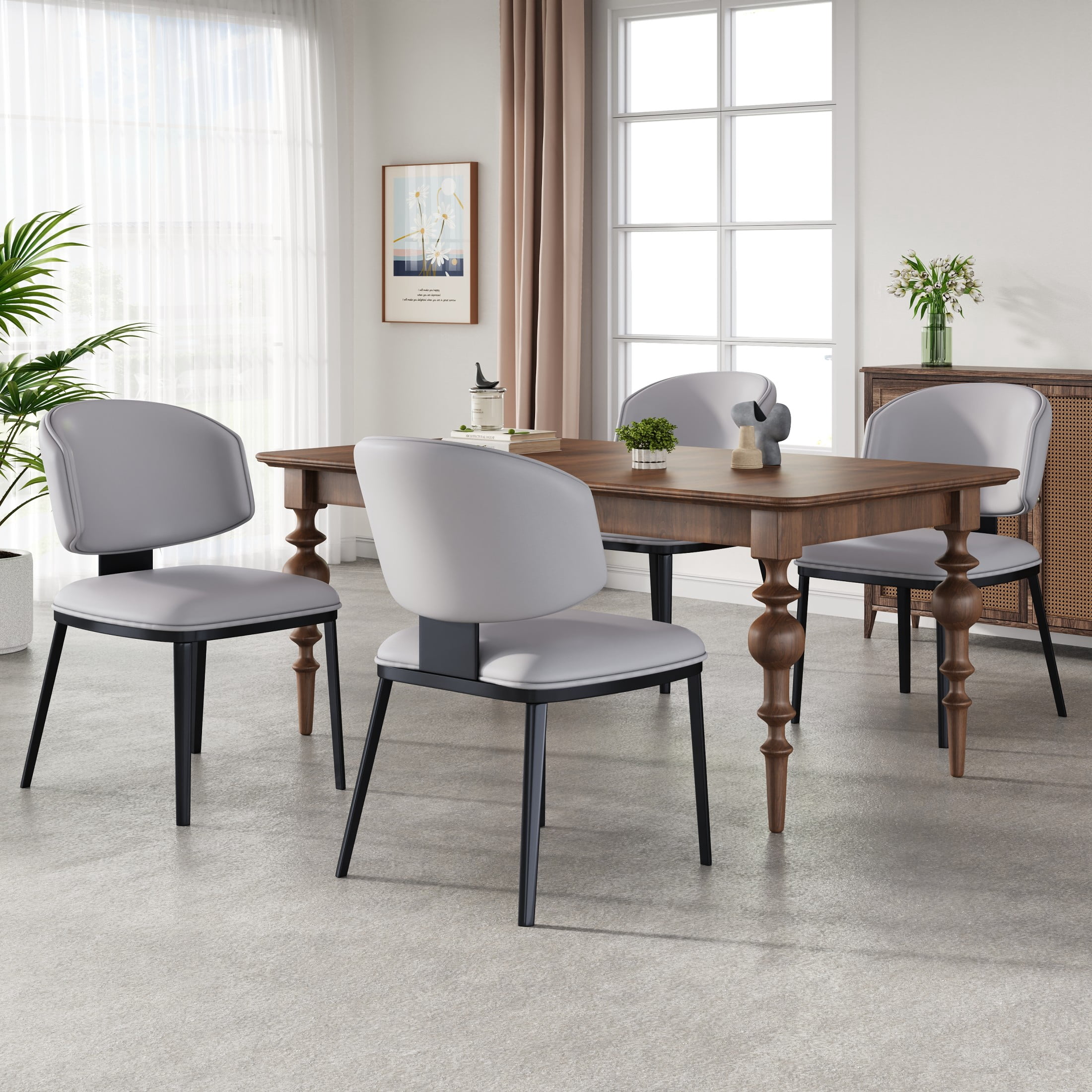 Lennox Modern PU Upholstered Dining Chairs with Crescent Backrests and Metal Legs, Grey, Set of 4