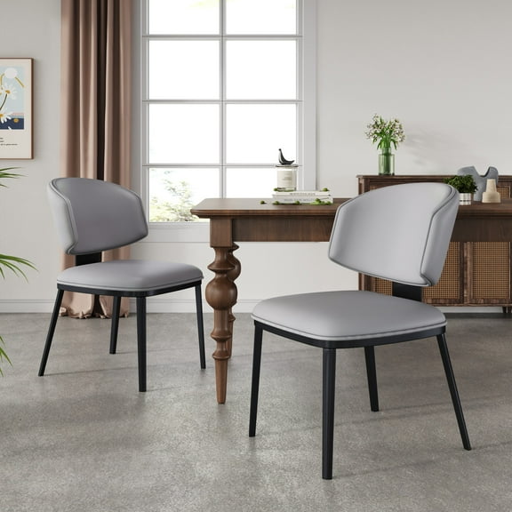 Lennox Modern PU Upholstered Dining Chairs with Crescent Backrests and Metal Legs, Grey, Set of 2