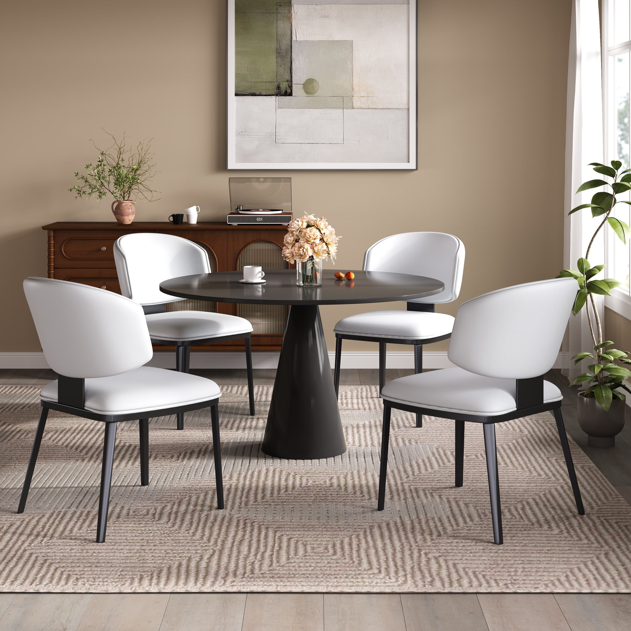 Lennox Modern PU Upholstered Dining Chairs with Crescent Backrests and Metal Legs, White, Set of 4