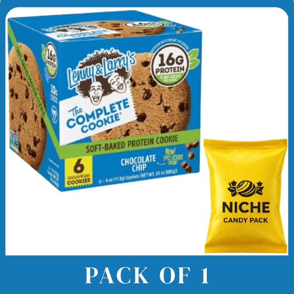 Lenny & Larrys The Complete Vegan Cookie  Chocolate Chip  6Count (24oz)  PlantBased Protein Cookies  16g Protein & 10g Fiber  with candy pack
