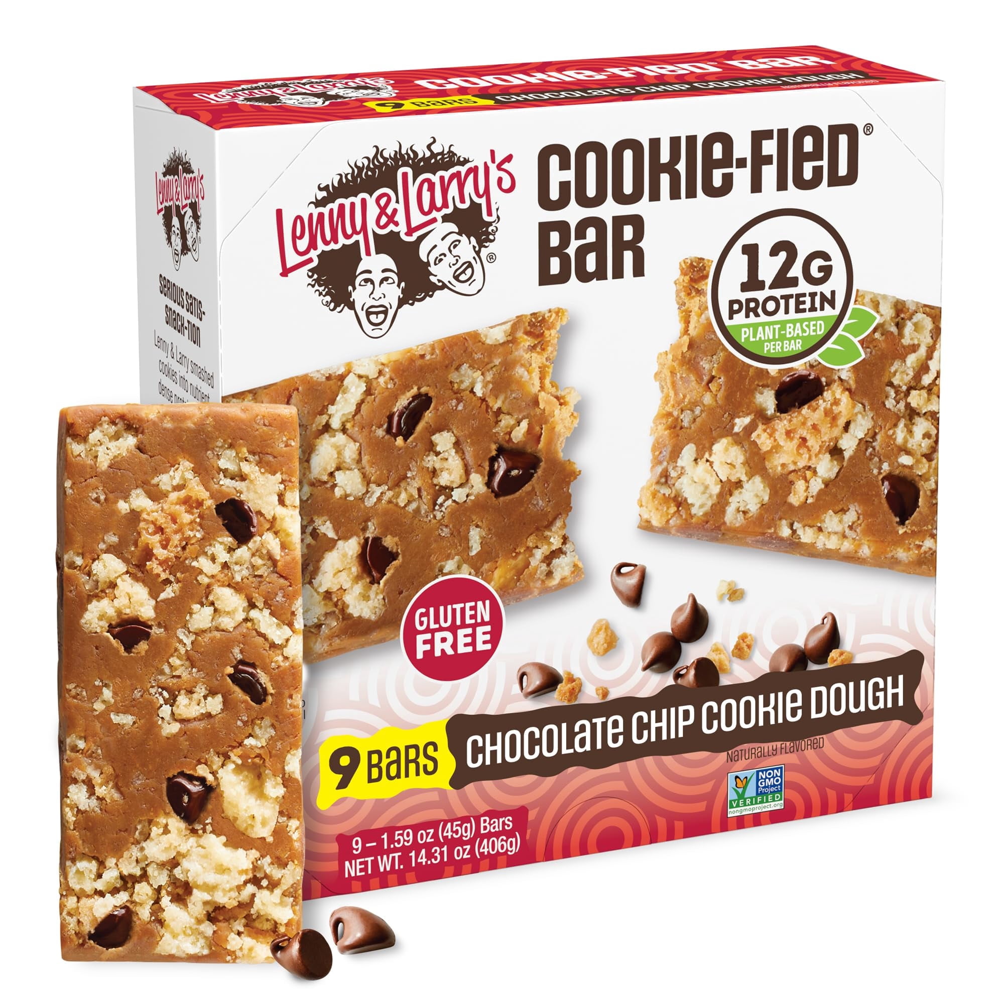 Lenny & Larry's  Cookie-fied Bar - Chocolate Chip Cookie Dough Protein Bars 9x45g - Healthy Snacks with 12g Plant Protein & 5g Fiber - Gluten free Power Bar, Keto Friendly, Non-GMO & Vegan