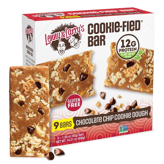 Lenny & Larry's  Cookie-fied Bar - Chocolate Chip Cookie Dough Protein Bars 9x45g - Healthy Snacks with 12g Plant Protein & 5g Fiber - Gluten free Power Bar, Keto Friendly, Non-GMO & Vegan