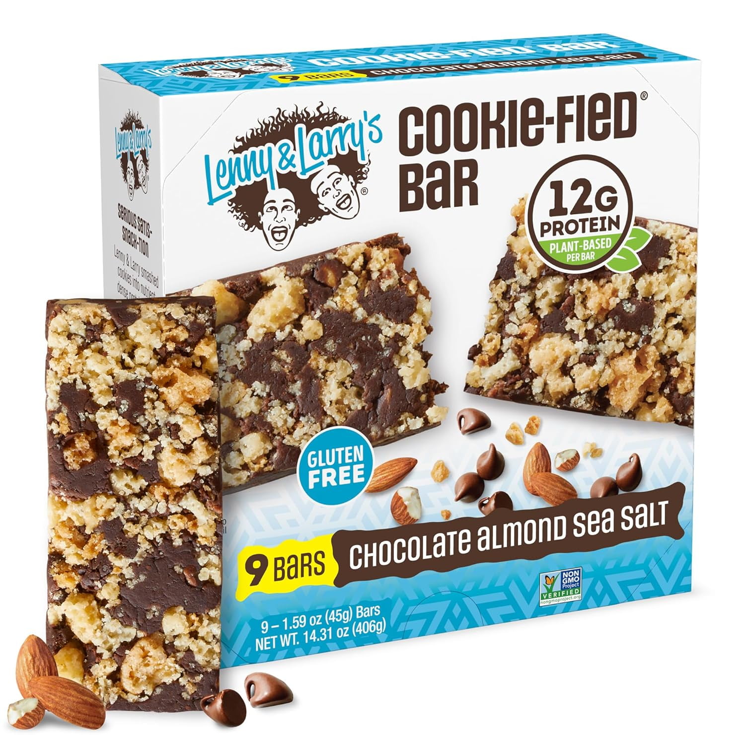 Lenny & Larry's Cookie-fied Plant-Based Protein Bar, Vegan and Non-GMO, Chocolate Almond Sea Salt, 45 g, 9 Count