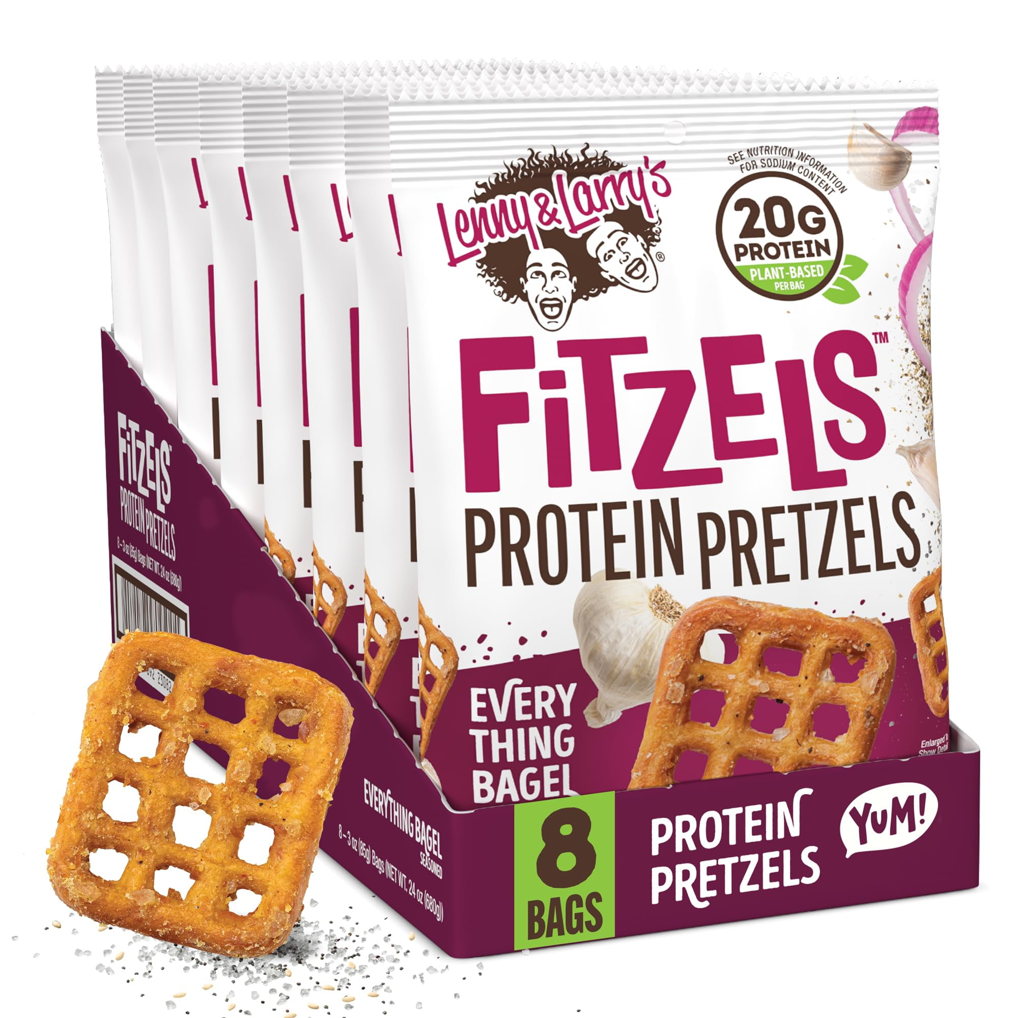 Lenny & Larry's Everything AIF4Bagel FITZELS- Savory Pretzel Snacks Incredibly Tasty, High Protein Salty, Vegan, Kosher 20 g's of Plant Based Protein 8 (eight) Bags, 3 oz Each