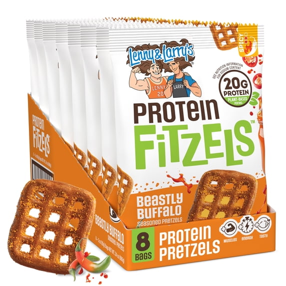 Lenny & Larry's Fitzels Protein Pretzels Snack,Beastly Buffalo 20g of Protein, 8 Pack