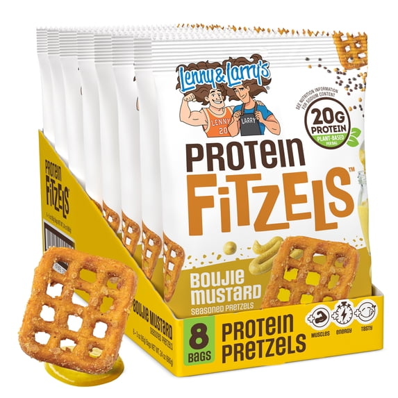 Lenny & Larry's Fitzels Protein Pretzels Snack, Boujie Mustard, 20g of Protein, 8 Pack