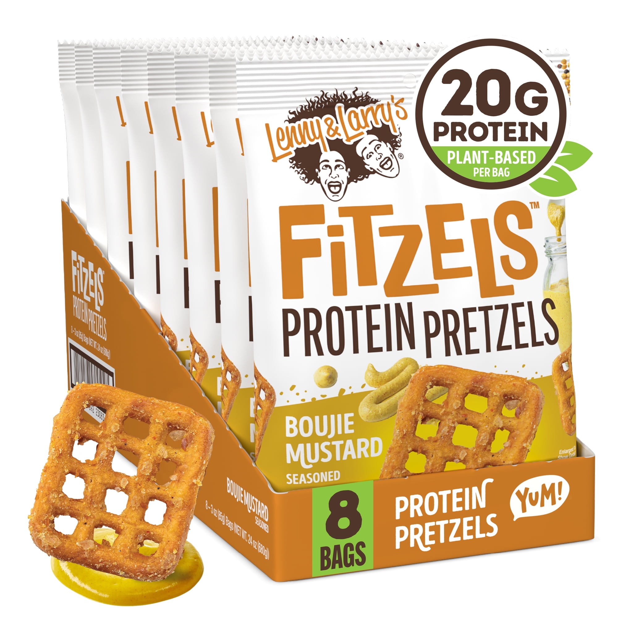 Lenny & Larry's Fitzels Protein Pretzels Snack, Boujie Mustard, 20g of Protein, 8 Pack