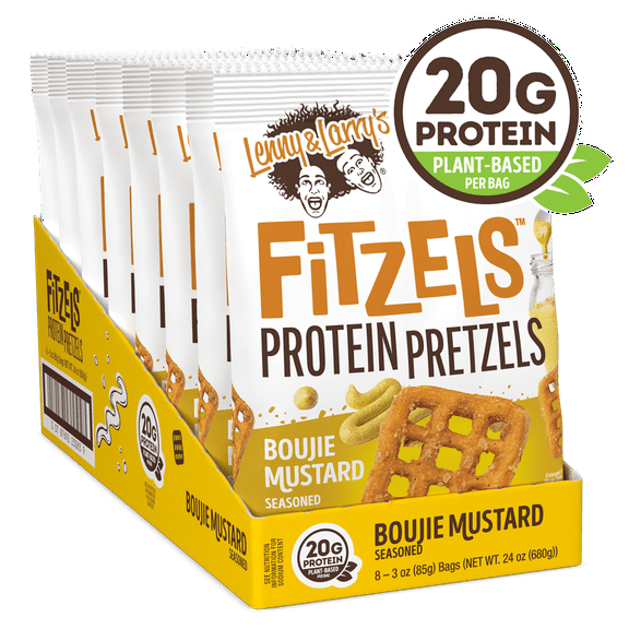 Lenny & Larry's Fitzels Protein Pretzels Snack, Boujie Mustard, 20g of Protein, 8 Pack