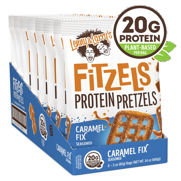 Lenny & Larry's Fitzels Protein Pretzels Snack,Caramel Fix, 20g of Protein, 8 Pack