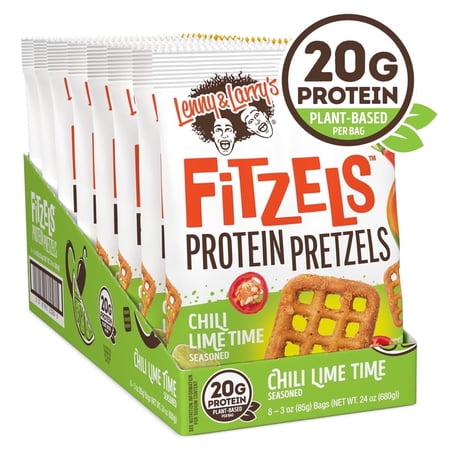 Lenny & Larry's Fitzels Protein Pretzels Snack,Chili Lime Time, 20g of Protein, 8 Pack