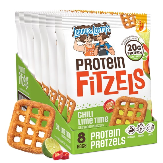 Lenny & Larry's Fitzels Protein Pretzels Snack,Chili Lime Time, 20g of Protein, 8 Pack