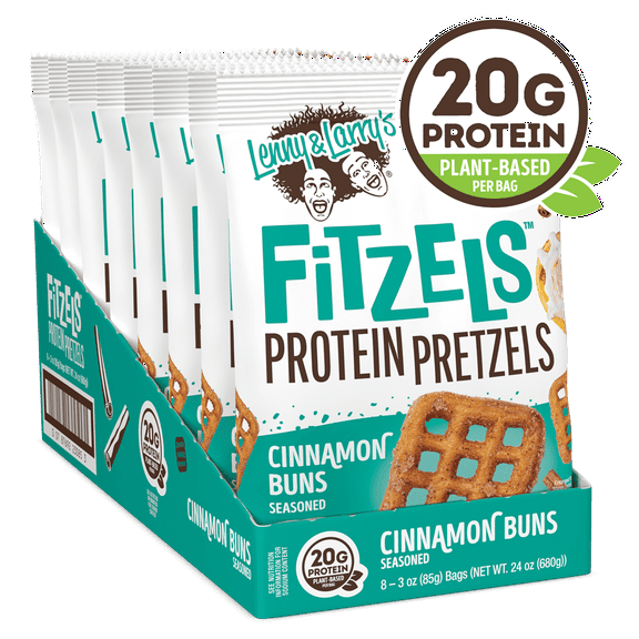 Lenny & Larry's Fitzels Protein Pretzels Snack,Cinnamon Buns, 20g of Protein, 8 Pack
