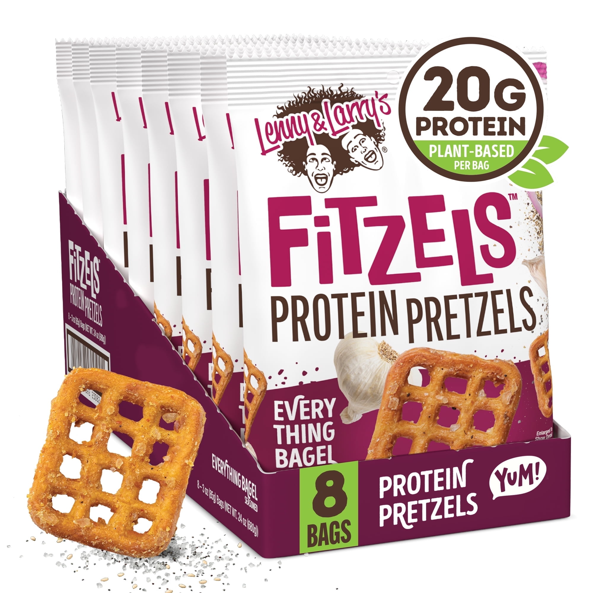 Lenny & Larry's Fitzels Protein Pretzels Snack, Everything Bagel, 20g of Protein, 8 Pack