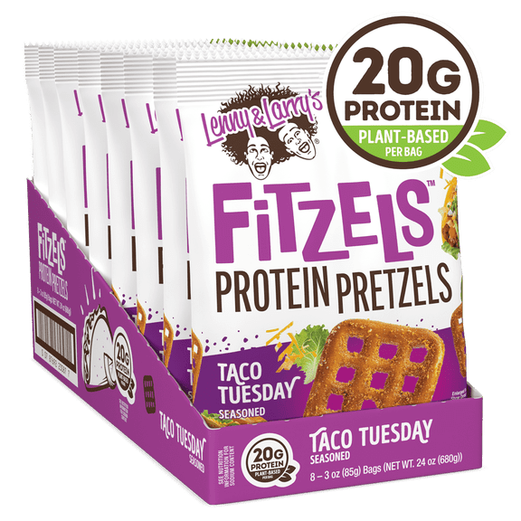 Lenny & Larry's Fitzels Protein Pretzels Snack,Taco Tuesday, 20g of Protein, 8 Pack