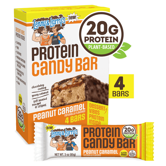 Lenny & Larry's High Protein Candy Bar Peanut Caramel, 20g of Plant-Based Protein, Good Source of Fiber, 85g-4ct
