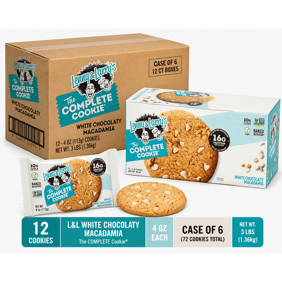 Lenny & Larrys The Complete Cookie, White Chocolate Macadamia, 12 Pack (4 oz Each) x 6 Boxes, 72 Cookies Total, 288 oz Bulk Case