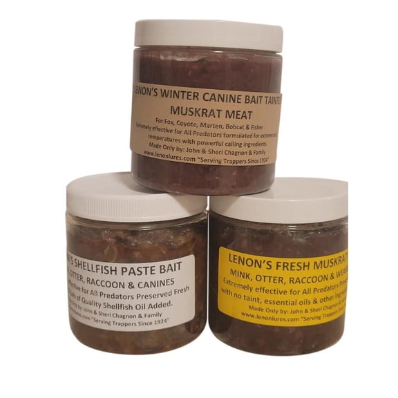 Lenon Lures Trappers Bait Package #2 Includes 8 oz. Jar of Shellfish Bait, 8 oz Jar Winter Muskrat Bait & Fresh Muskrat Bait