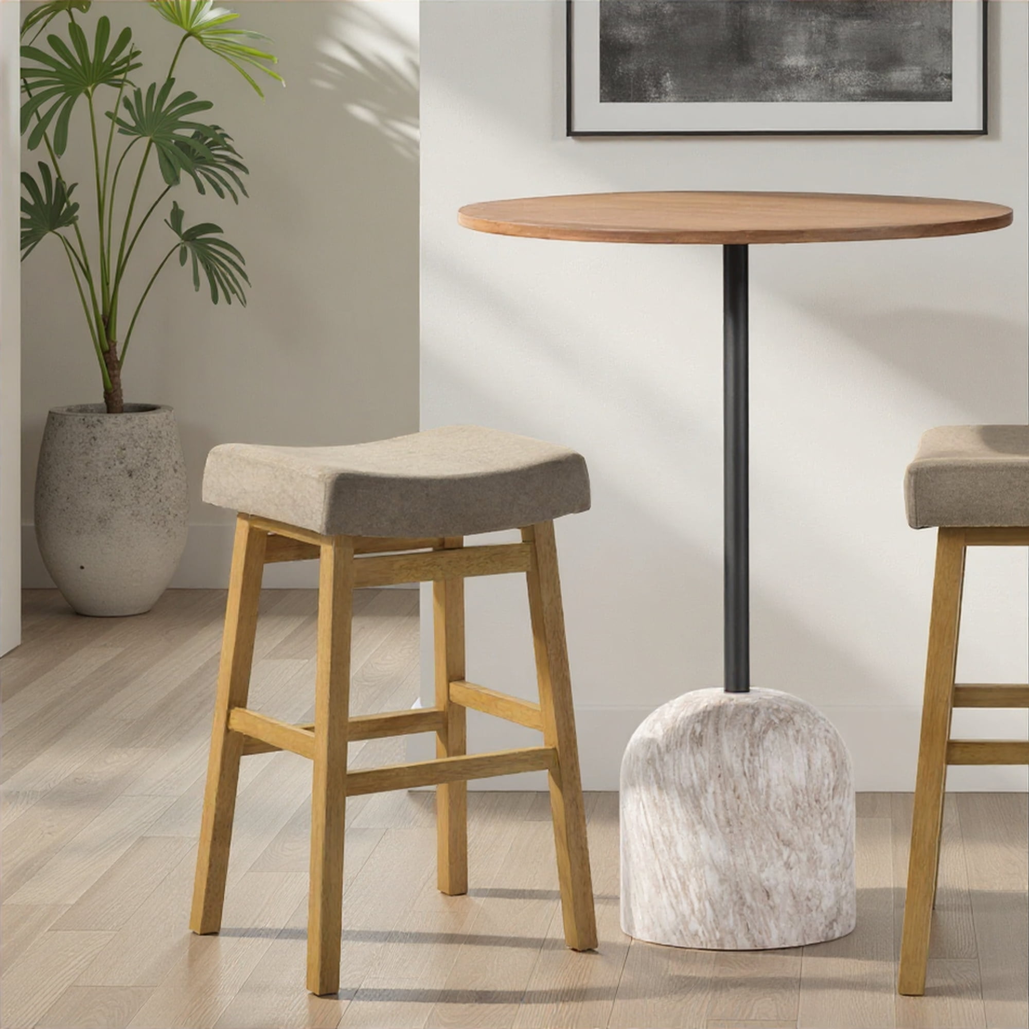 Lenon Modern Farmhouse Wood Bar Height Kitchen Bar Stool in Amber Glow Finish with Taupe Fabric Upholstered Seat - Set of 3