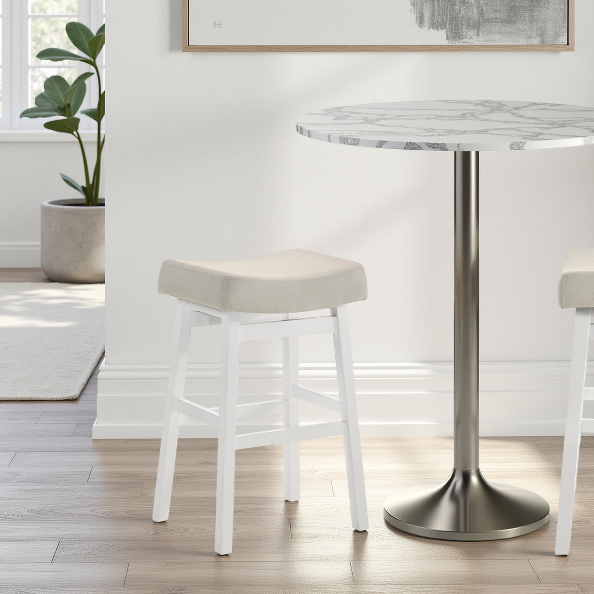 Lenon Modern Farmhouse Wood Bar Height Kitchen Bar Stool in White Finish with Cream Fabric Upholstered Seat