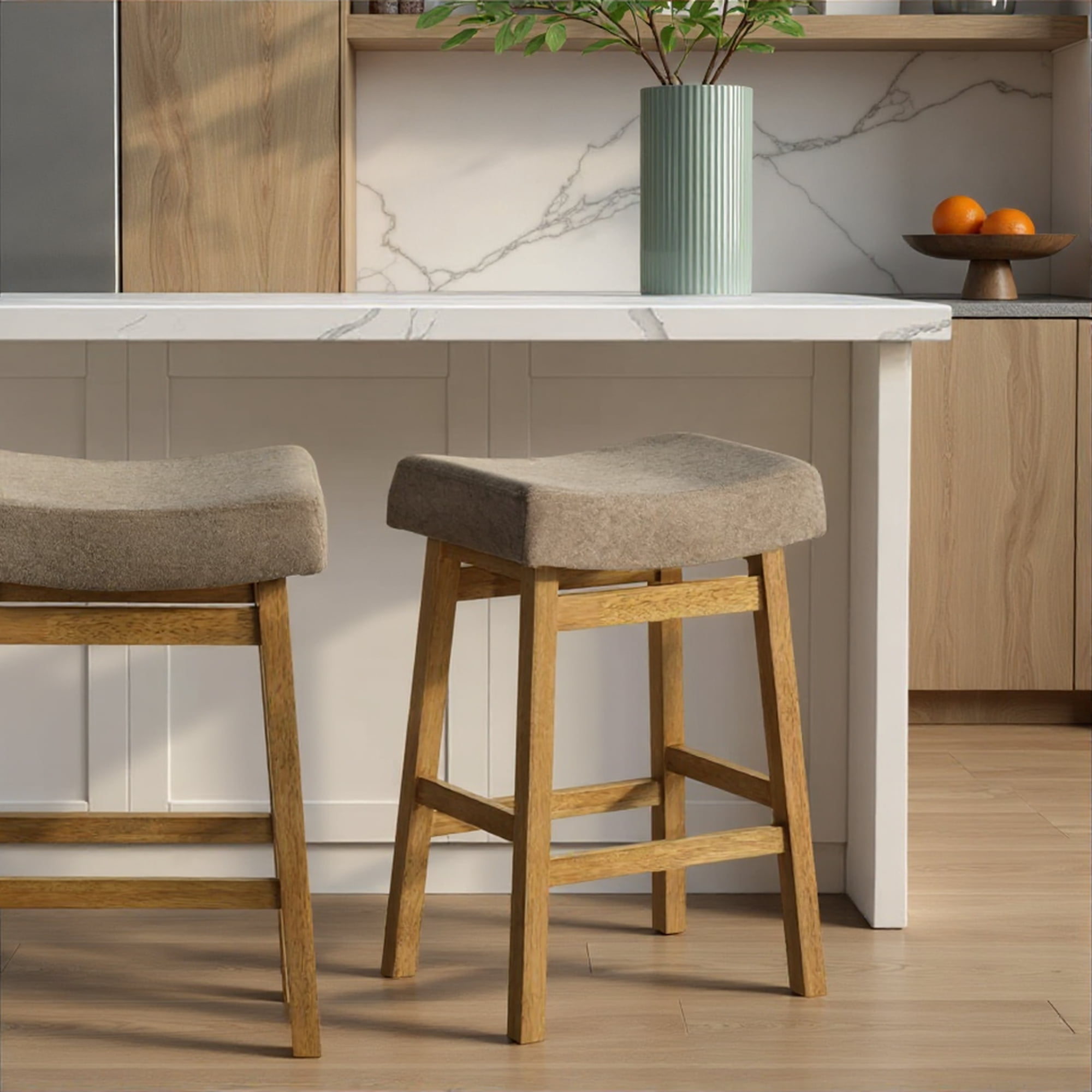 Lenon Modern Farmhouse Wood Counter Height Kitchen Bar Stool in Amber Glow Finish with Taupe Fabric Upholstered Seat - Set of 3