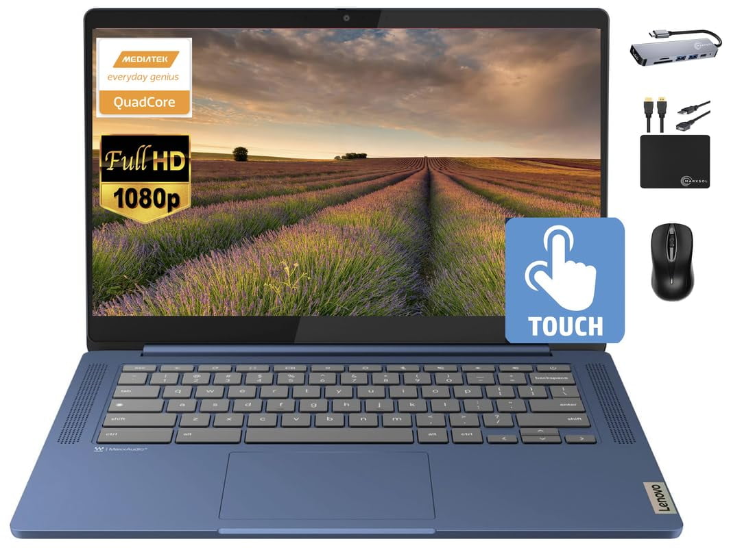 Lenovo Chromebook 14" Touchscreen Slim Laptop Business Student, 8-Core MediaTek Kompanio 520, 4GB RAM, 128GB Storage (64GB eMMC+64GB Card), WiFi 6, Long Battery, Chrome OS+MarxsolAccessory