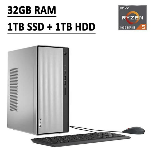 Lenovo IdeaCentre 5 Business Tower Desktop Computer AMD Hexa-Core Ryzen 5 4600G 32GB RAM 1TB SSD 1TB HDD AMD Radeon Graphics DVD-RW USB-C HDMI WiFi Bluetooth 5.0 Win10 (Silver)