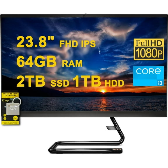 Lenovo IdeaCentre AIO 3 All-in-One Desktop 23.8" FHD IPS Anti-Glare Intel Quad-core i3-10100T 64GB RAM 2TB SSD + 1TB HDD Win10 w/ICP Accessory