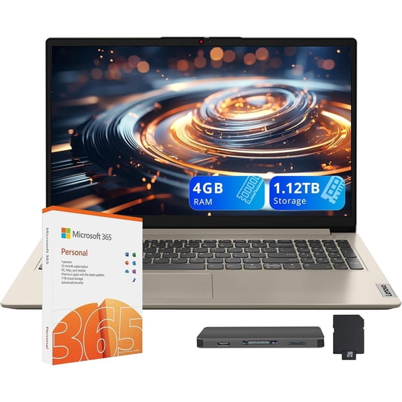 Lenovo IdeaPad 1 15.6" HD Business Laptop, Intel Celeron N4500, 4GB RAM, 128GB eMMC, Intel UHD Graphics, Number Pad, 1 Year Office 365, Wi-Fi 6, Win 11 Pro, Sand, 1TB Docking Station Set