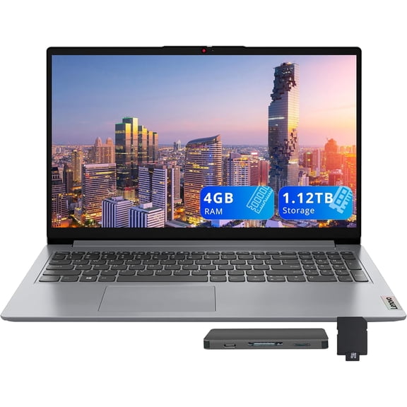 Lenovo IdeaPad 1 15.6" HD Business Laptop, Intel Celeron N4500, 4GB RAM, 128GB eMMC, Intel UHD Graphics, Numeric Keypad, 1 Year Office 365, Wi-Fi 6, Win 11, Grey, 1TB Docking Station Set