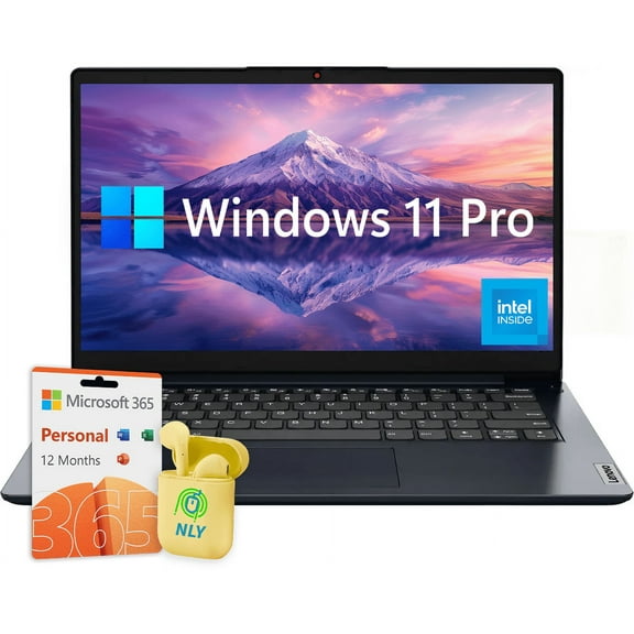 Lenovo IdeaPad 1 Laptop, 14" HD Essential Laptop, Intel Celeron N4020, 4GB RAM 384GB Storage (256GB SSD+128GB eMMC), Windows 11 Pro with 1-Year Microsoft Office 365, NLY Earphones, Abyss Blue