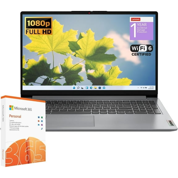 Lenovo IdeaPad 1 Student Laptop, Intel Dual Core Processor, 20GB RAM, 1TB SSD + 128GB eMMC, 15.6" FHD Display, 1 Year Office 365, Windows 11 Home, Wi-Fi 6, Webcam, Bluetooth, SD Card Reader, Grey