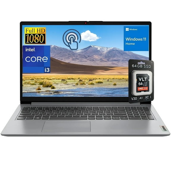 Lenovo IdeaPad 1i 15.6" FHD Touchscreen Laptop, Intel Core i3-1215U, 8GB RAM, 512GB SSD, Windows 11, with VLT 64GB SD Card, Cloud Gray