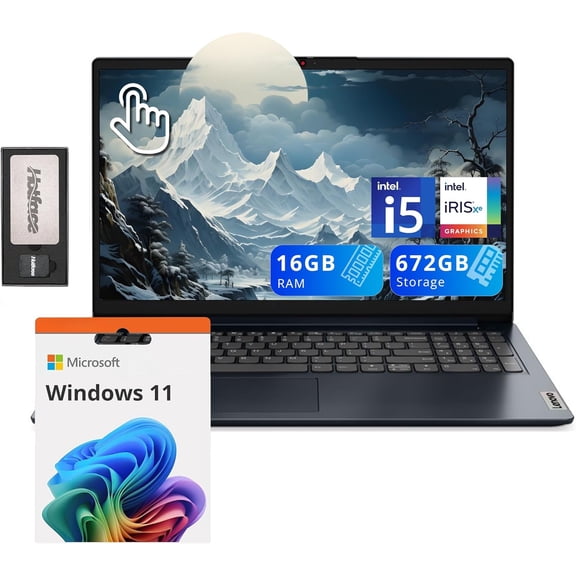 Lenovo IdeaPad 1i 15.6" FHD Touchscreen Laptop, Intel i5-1235U, 16GB RAM, 672GB Storage(512GB SSD+160GB Docking Station Set), Intel Iris Xe Graphics, Num Pad, Dolby Audio, Wi-Fi 6, Win 11, Abyss Blue