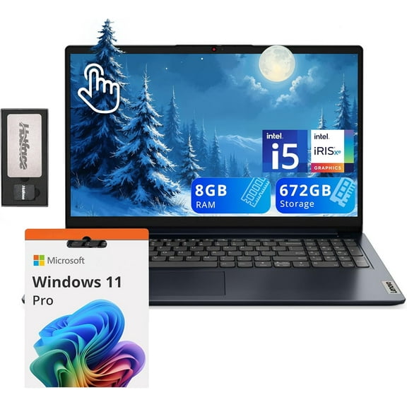 Lenovo IdeaPad 1i 15.6" FHD Touchscreen Laptop, Intel i5 1235U, 8GB RAM, 672GB Storage(512GB SSD + 160GB Docking Station), Intel Iris Xe Graphics, HD Camera, Dolby Audio, Wi-Fi 6, Win 11 Pro, Blue