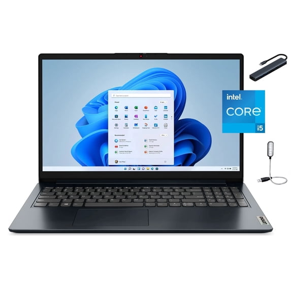 Lenovo IdeaPad 1i 15.6 inch FHD Laptop, Intel Core i5-1235, 1.3GHz, 16GB RAM, 256GB SSD,Media Card Reader, Windows 11 Home in S Mode, Abyss Blue with Mazepoly Accessories